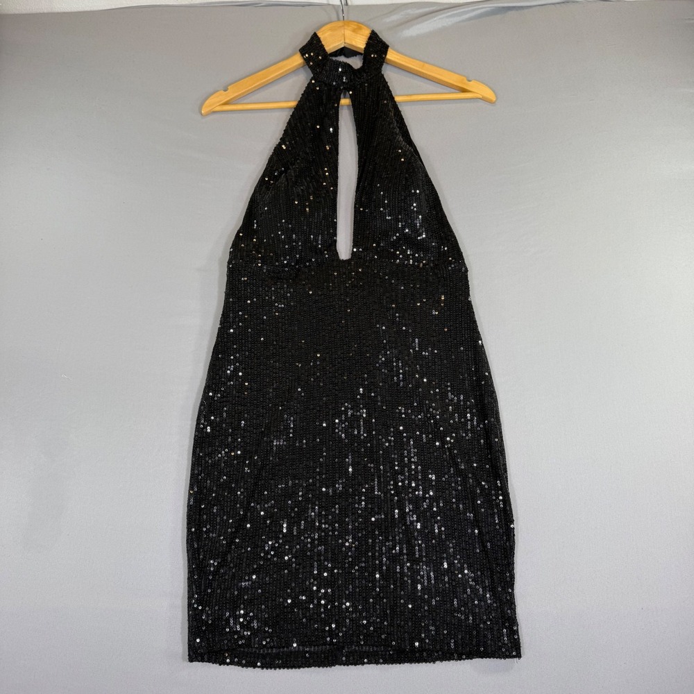 Black Sequin Halter Mini Dress Large Backless Cocktail LBD Y2K Going Out Disco